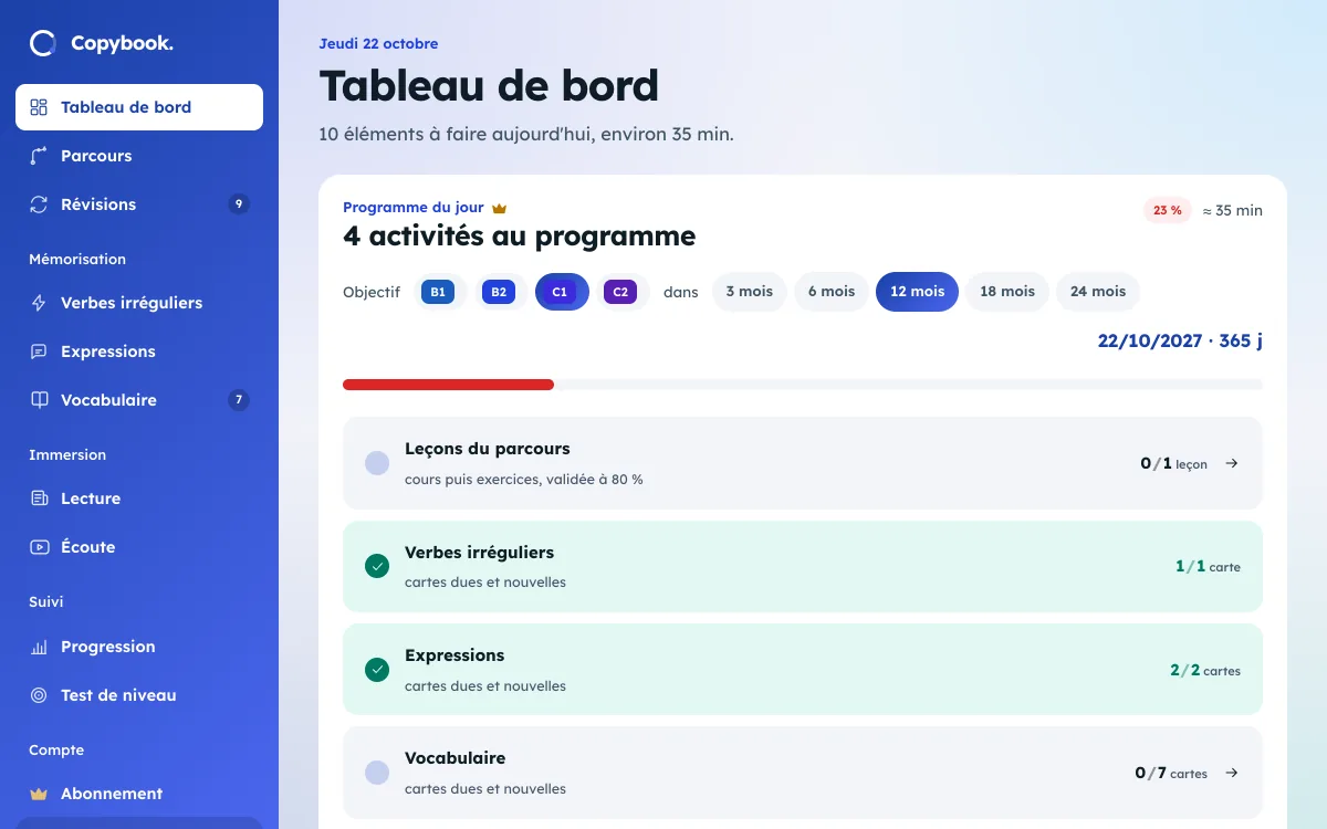 Tableau de bord de Copybook : programme du jour avec les leçons, les verbes irréguliers, les expressions et le vocabulaire, niveau B1 et série de 5 jours.