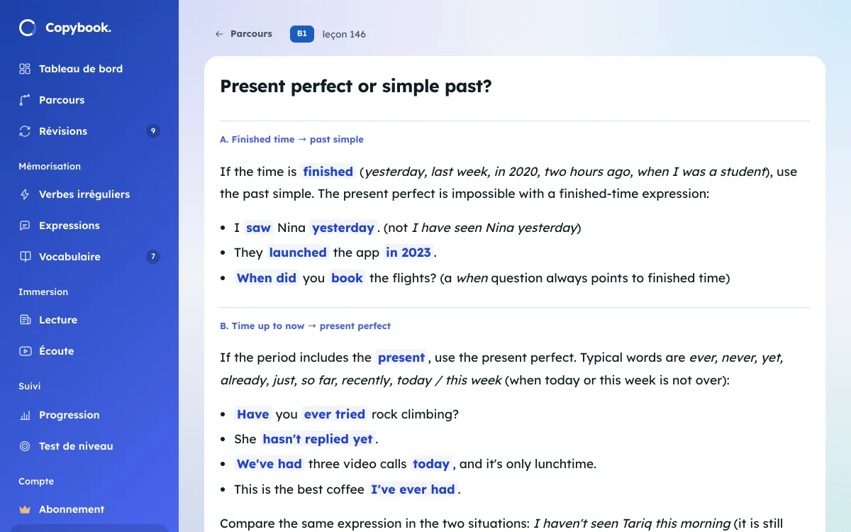 Leçon Copybook « Present perfect or simple past? » : la règle du moment terminé et ses exemples.