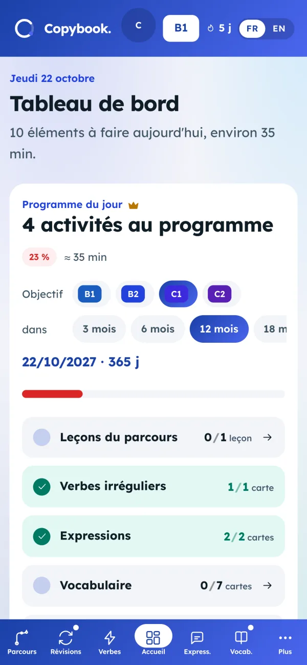 Tableau de bord de Copybook sur téléphone, avec le programme du jour.